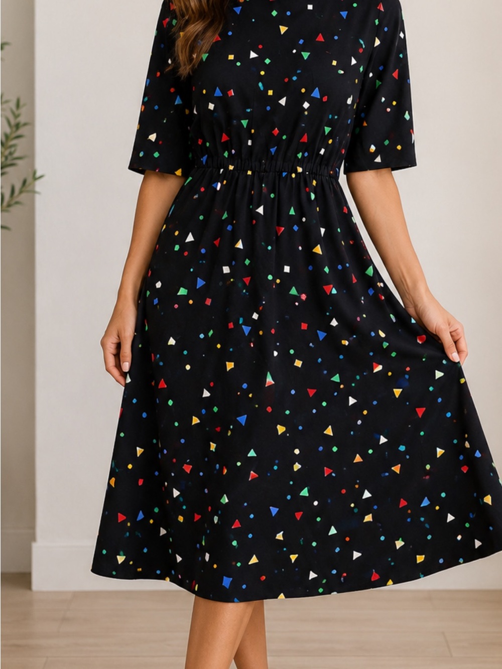 Black Midi Dress with Multi-Colored Geometric Print